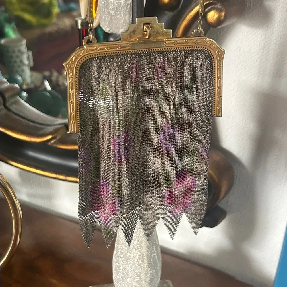 Antique Art Deco Dresden Mesh Watercolor Floral Purse Handbag - Picture 8 of 15
